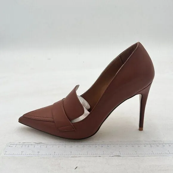 YDN Brown High Heel Loafer Pumps with Trim Closed Pointed Toe Slip On Basic Shoe