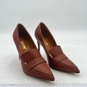 YDN Brown High Heel Loafer Pumps with Trim Closed Pointed Toe Slip On Basic Shoe