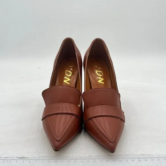 YDN Brown High Heel Loafer Pumps with Trim Closed Pointed Toe Slip On Basic Shoe