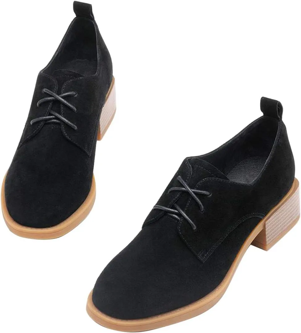 YDN Women Casual Lace Up Oxford Pumps Chunky Block Low Heel Classic Square Closed Toe Suede Ladies Fall Shoes