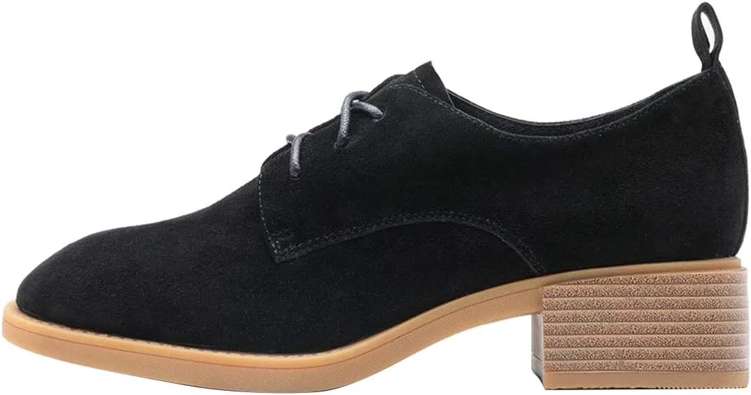 YDN Women Casual Lace Up Oxford Pumps Chunky Block Low Heel Classic Square Closed Toe Suede Ladies Fall Shoes