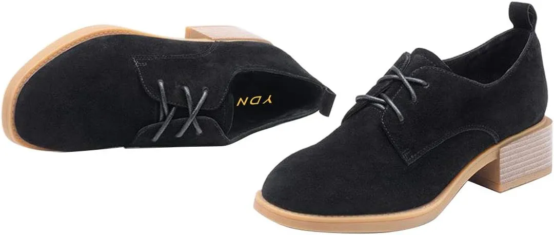 YDN Women Casual Lace Up Oxford Pumps Chunky Block Low Heel Classic Square Closed Toe Suede Ladies Fall Shoes
