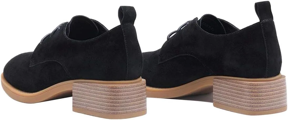 YDN Women Casual Lace Up Oxford Pumps Chunky Block Low Heel Classic Square Closed Toe Suede Ladies Fall Shoes