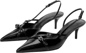 Yishaweiqi Slingback Kitten Heels for Women Buckle Strap Pointed Toe Dress Pumps Shoes Slip On Heeled Sandals