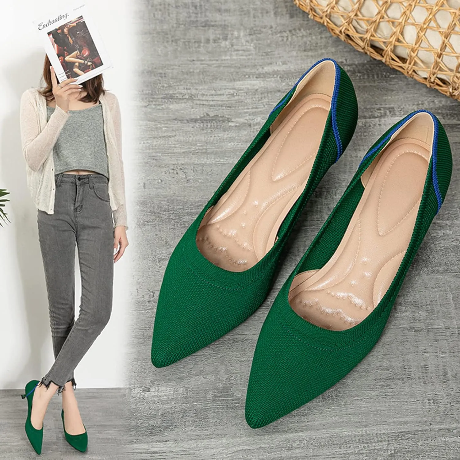 youngshow Women's Pumps Kitten Heels Pointed Toe Knit Slip On Comfortable Casual Formal Dress Shoes