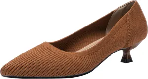 youngshow Women's Pumps Kitten Heels Pointed Toe Knit Slip On Comfortable Casual Formal Dress Shoes