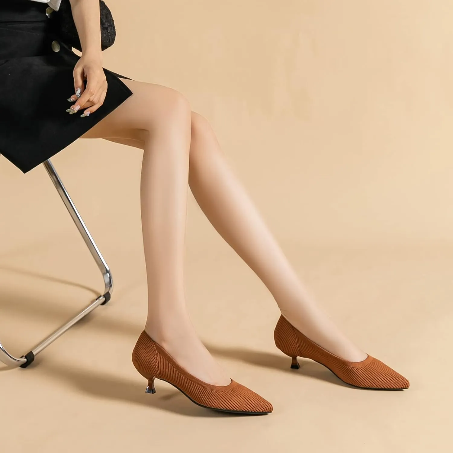 youngshow Women's Pumps Kitten Heels Pointed Toe Knit Slip On Comfortable Casual Formal Dress Shoes