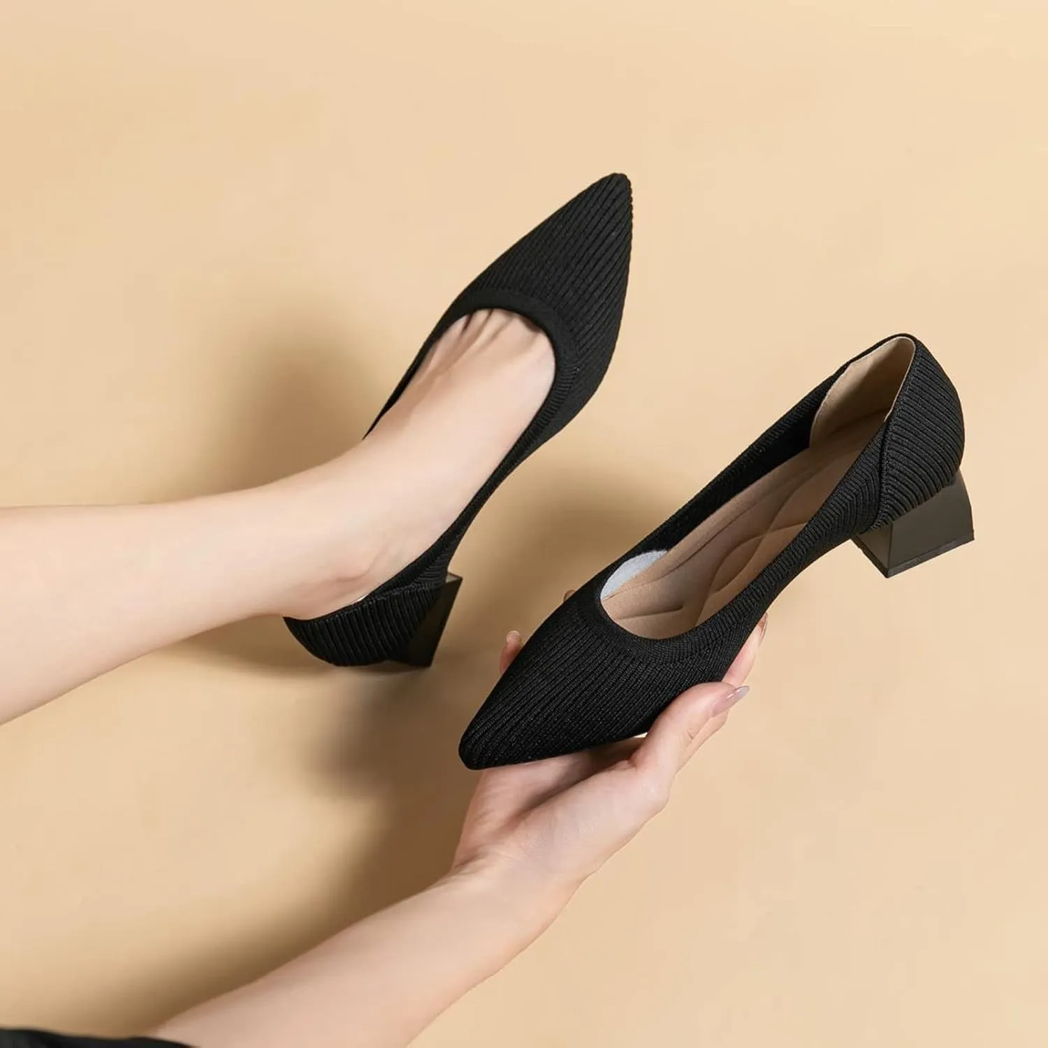 youngshow Women's Pumps Kitten Heels Pointed Toe Knit Slip On Comfortable Casual Formal Dress Shoes