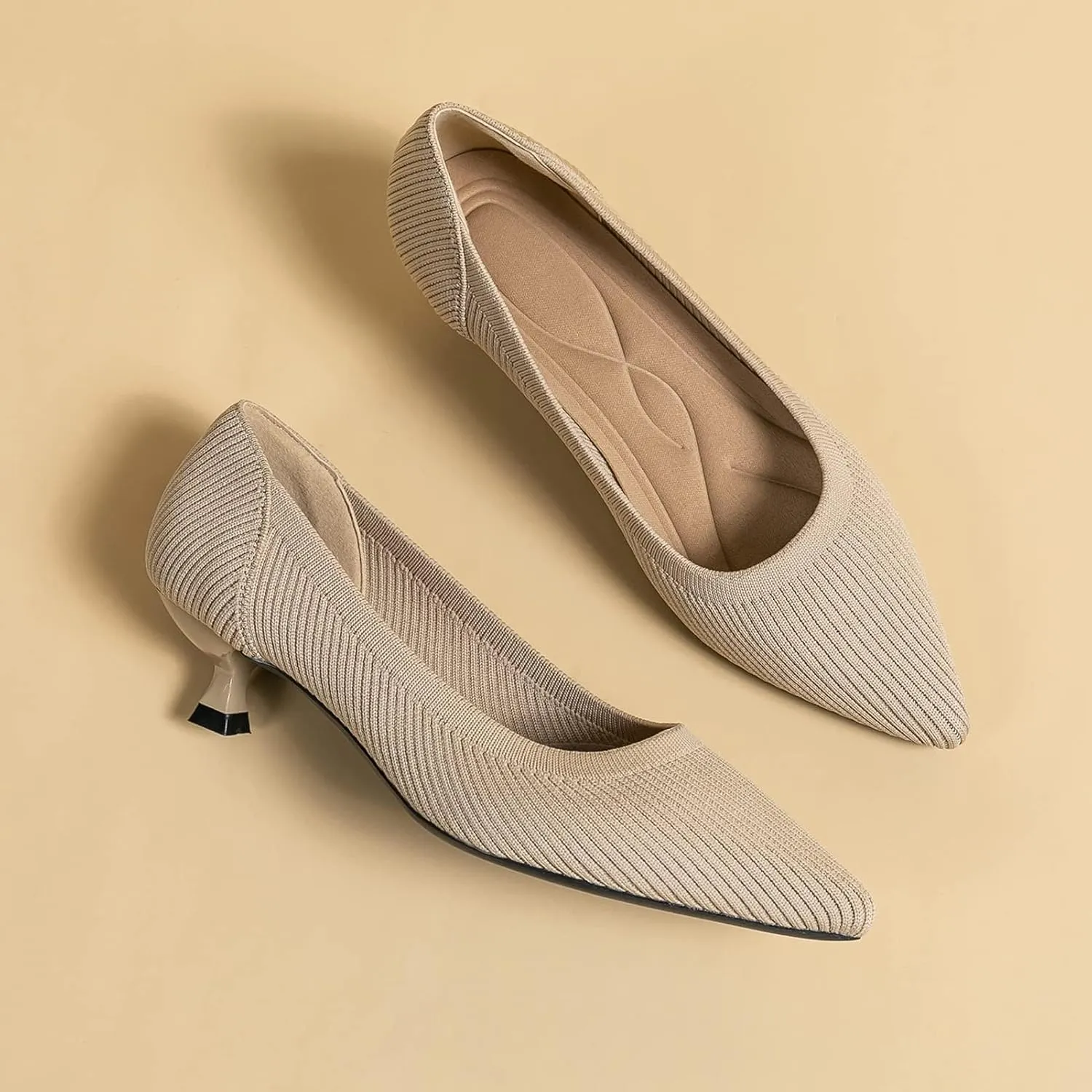 youngshow Women's Pumps Kitten Heels Pointed Toe Knit Slip On Comfortable Casual Formal Dress Shoes