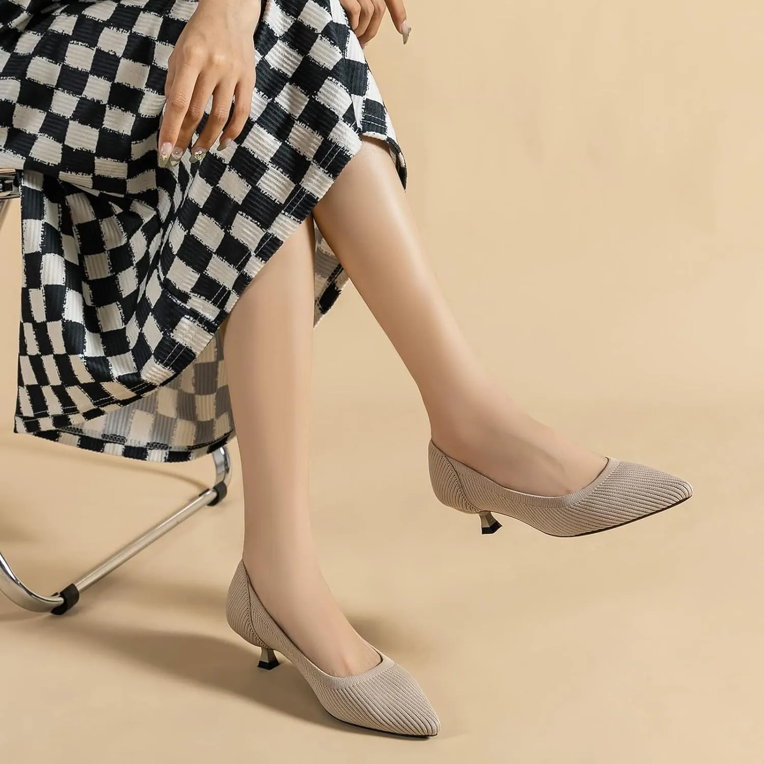 youngshow Women's Pumps Kitten Heels Pointed Toe Knit Slip On Comfortable Casual Formal Dress Shoes