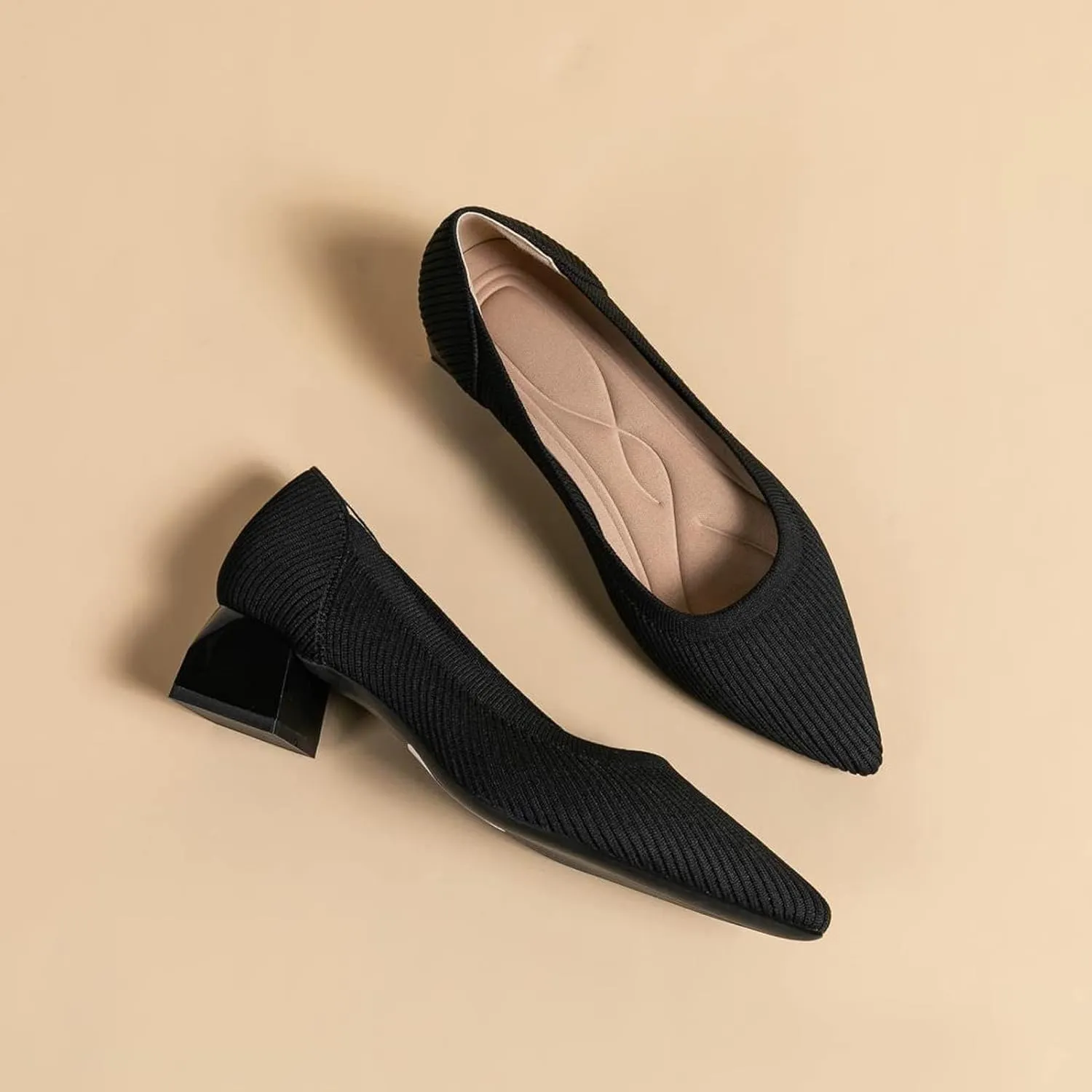youngshow Women's Pumps Kitten Heels Pointed Toe Knit Slip On Comfortable Casual Formal Dress Shoes