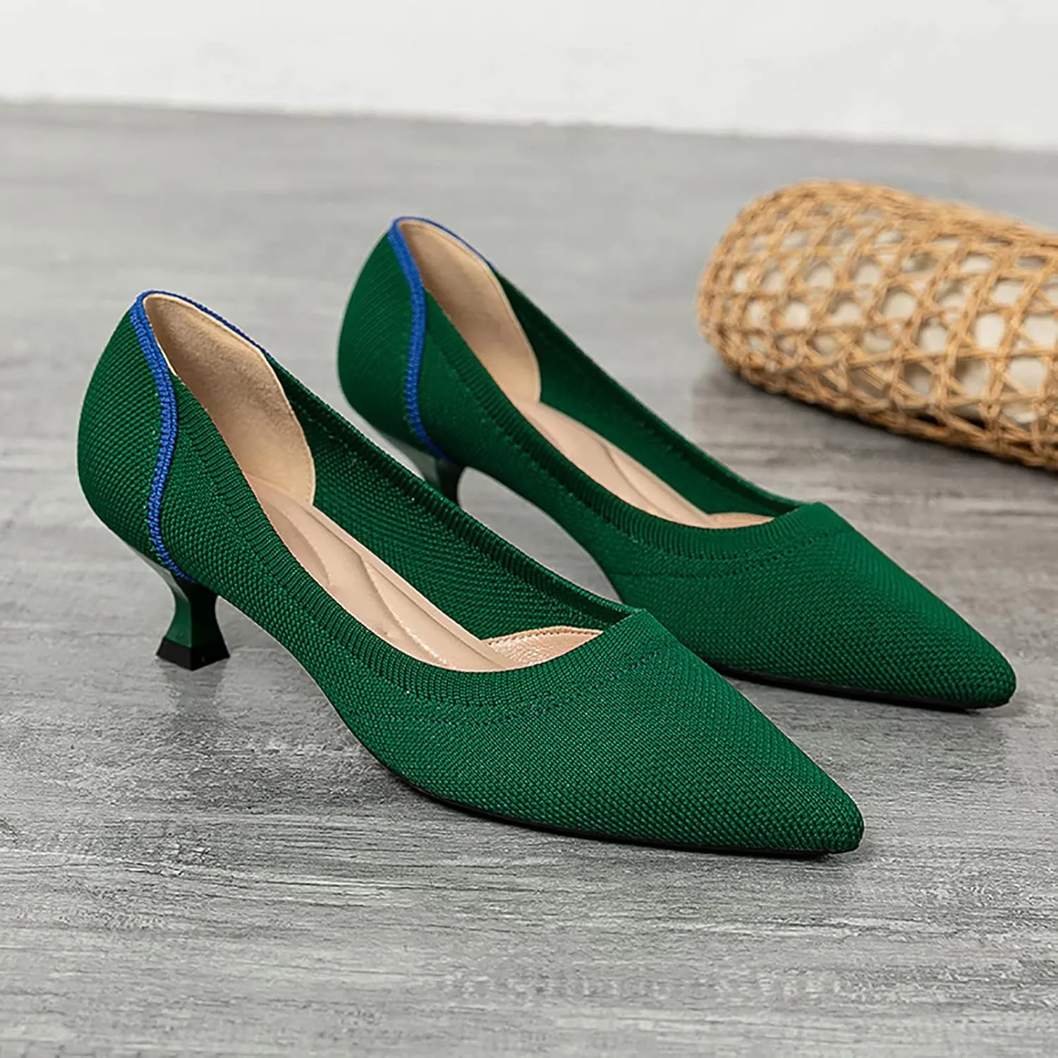 youngshow Women's Pumps Kitten Heels Pointed Toe Knit Slip On Comfortable Casual Formal Dress Shoes