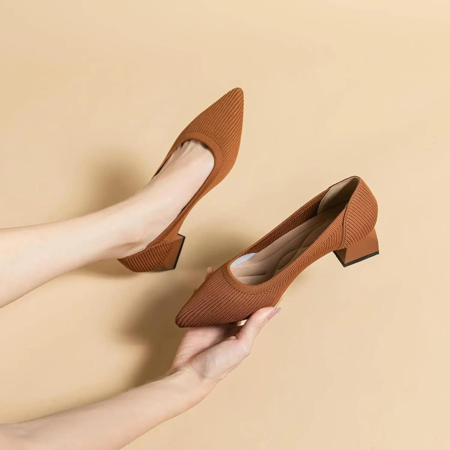 youngshow Women's Pumps Kitten Heels Pointed Toe Knit Slip On Comfortable Casual Formal Dress Shoes