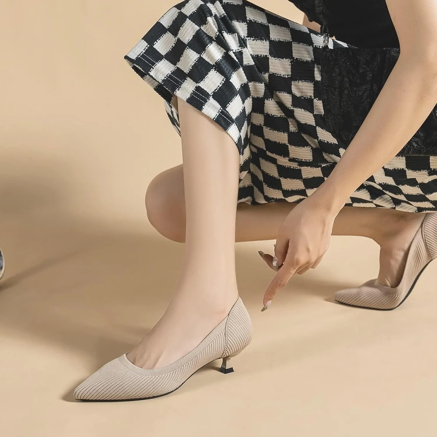 youngshow Women's Pumps Kitten Heels Pointed Toe Knit Slip On Comfortable Casual Formal Dress Shoes