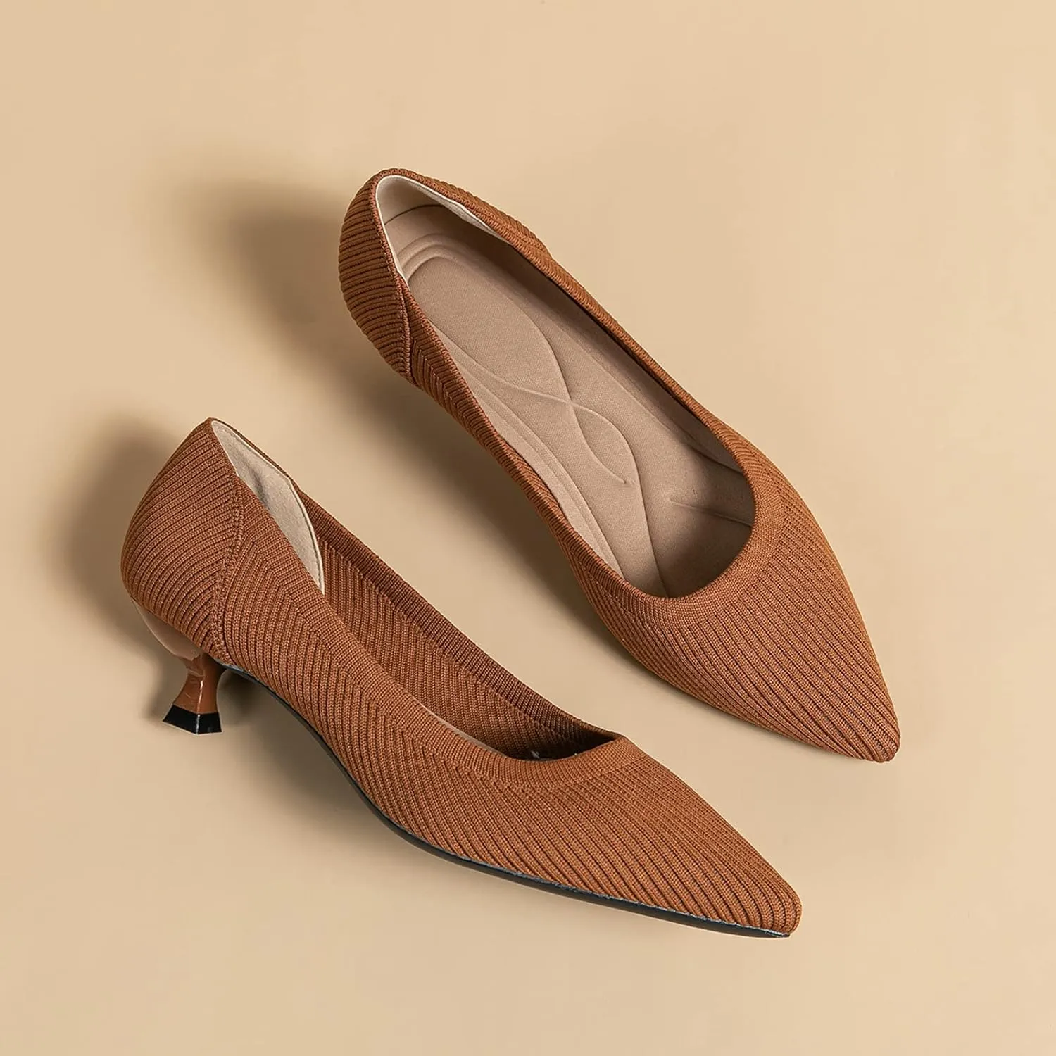 youngshow Women's Pumps Kitten Heels Pointed Toe Knit Slip On Comfortable Casual Formal Dress Shoes