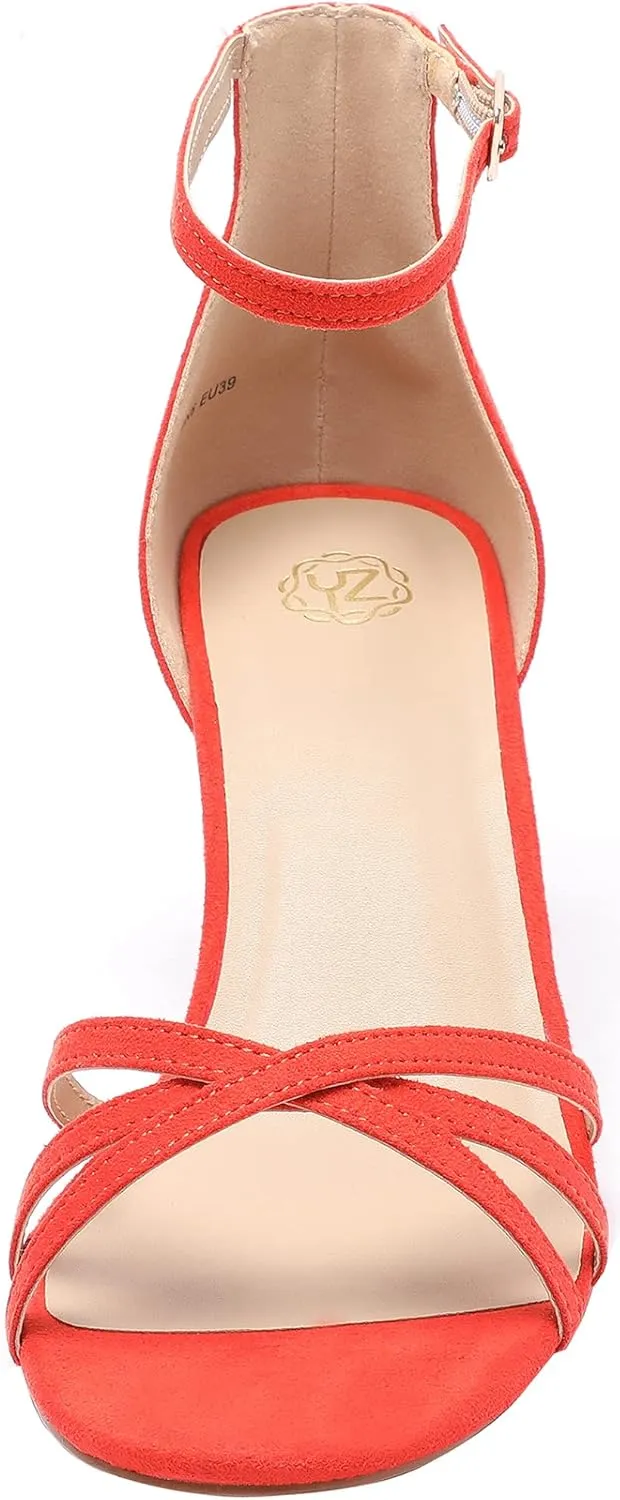 YZ Women's Low Kitten Stilettos Open Toe Pump Heel Sandals with Ankle Strap